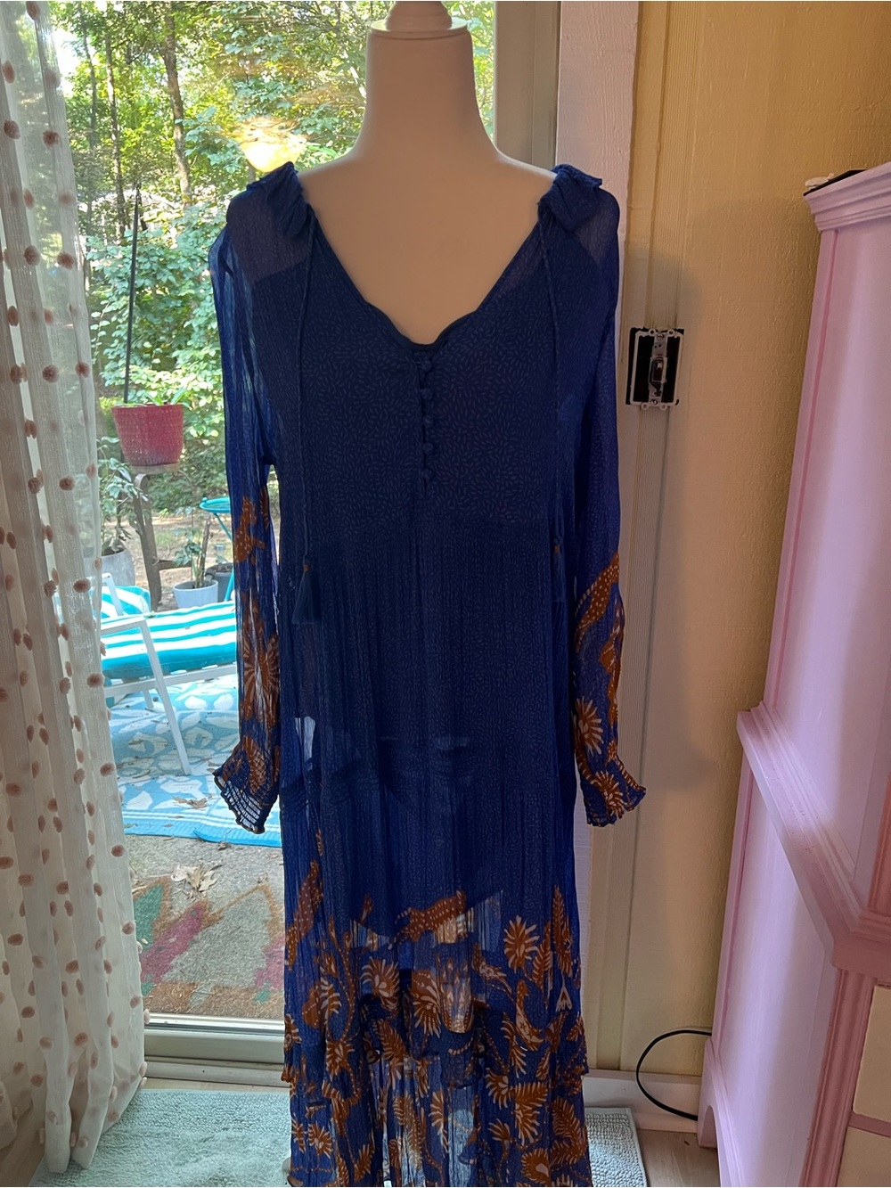 Anthropologie Royal Blue Long-Sleeve Maxi Dress with Orange Floral Trim